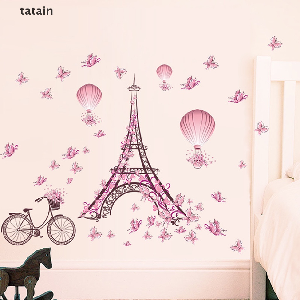 Miếng Dán Tường Trang Trí Hình Tháp Eiffel / Bướm / Tháp Eiffel Màu Hồng