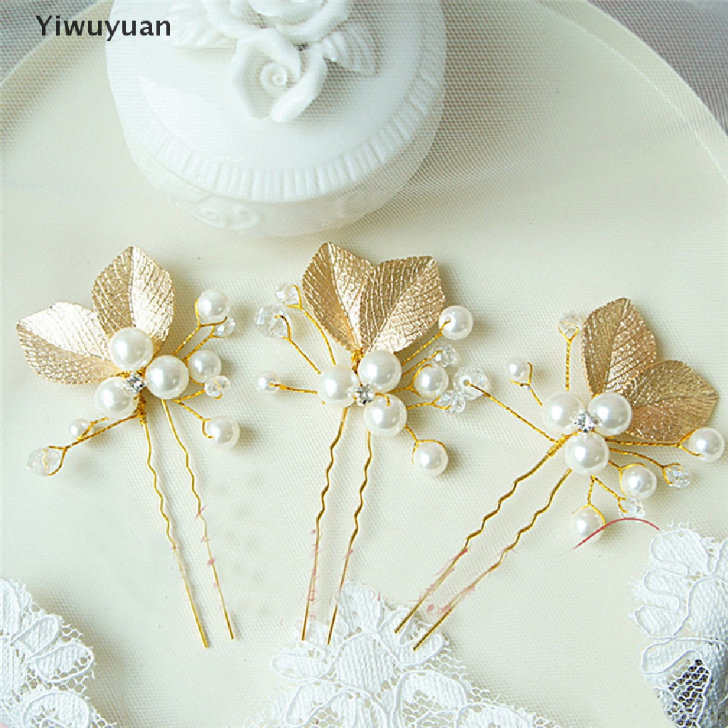 &lt; Yiwuyuan &gt; 4 Kẹp Tóc Hình Lá Vàng Đính Ngọc Trai Cho Cô Dâu Phù Dâu Trong Ngày Cưới