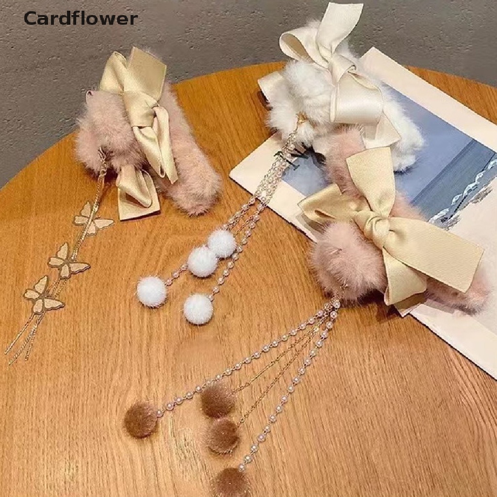 &lt; Cardflower &gt; Kẹp Tóc Đuôi Ngựa Bằng Lông Nhung Đính Nơ Tua Rua Thời Trang Thu Đông Mới