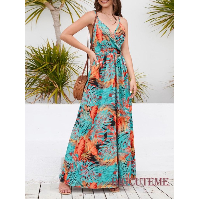 Đầm Hai Dây Cổ Chữ V Họa Tiết Hoa Phong Cách Boho Thời Trang Cho Nữ