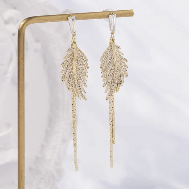 Bông Tai Mạ Bạc 925 Dáng Dài Hình Chiếc Lá Đính Đá Thời Trang Cao Cấp Cho Nữ