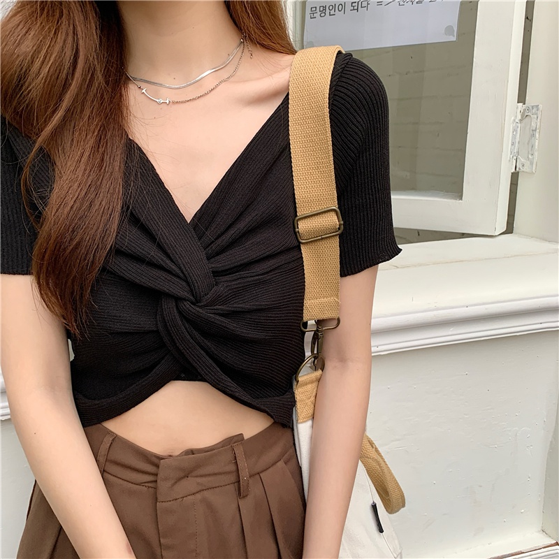 Áo Thun Dệt Kim Tay Ngắn Cổ Chữ V Màu Trơn Thời Trang Mùa Hè Cho Phái Nữ