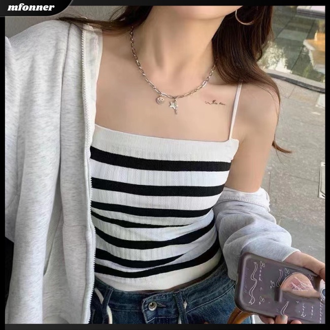 Áo Croptop Hai Dây Sát Nách Kẻ Sọc Màu Tương Phản Mềm Mại Thoải Mái Cho Nữ