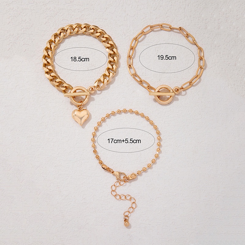 Bộ 3 Vòng Tay Dây Xích Dày Mặt Trái Tim Màu Vàng Thời Trang Cho Nữ