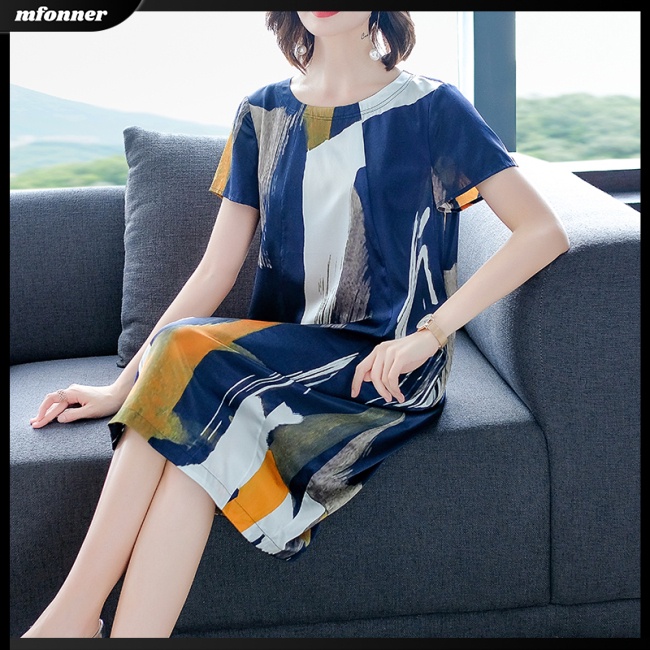 Đầm Dáng Chữ A Tay Ngắn Cổ Tròn In Họa Tiết Thời Trang Cho Nữ