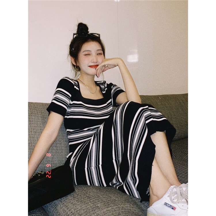 Women's short-sleeved lazy spring and summer striped casual temperament style dress pure ins mid-length loose dress I0UM