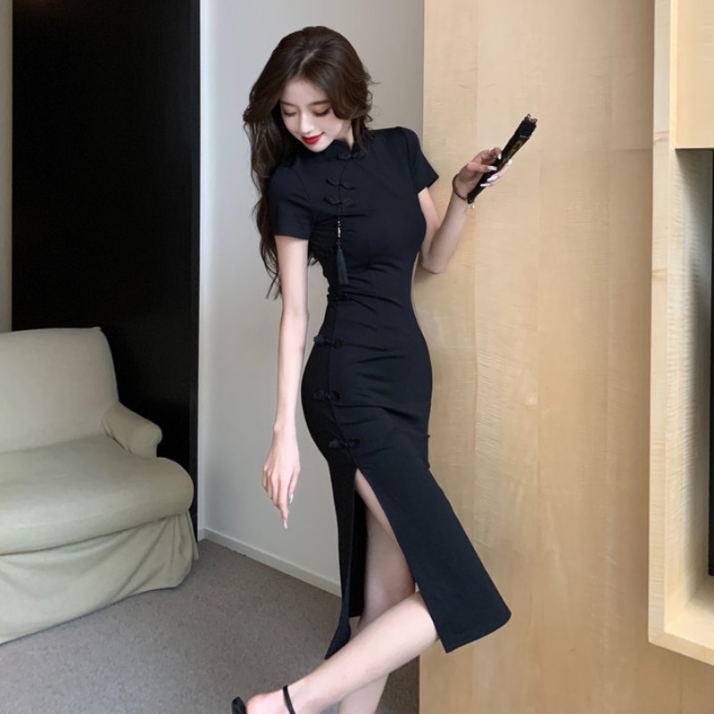Đầm Sườn Xám Cách Tân Màu Đen Phong Cách Trung Hoa Hiện Đại hka023