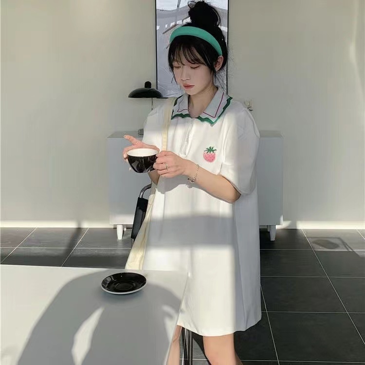 Nzn Đầm Tay Ngắn Phồng Cổ Bẻ In Hình Dâu Tây Thời Trang Cho Nữ