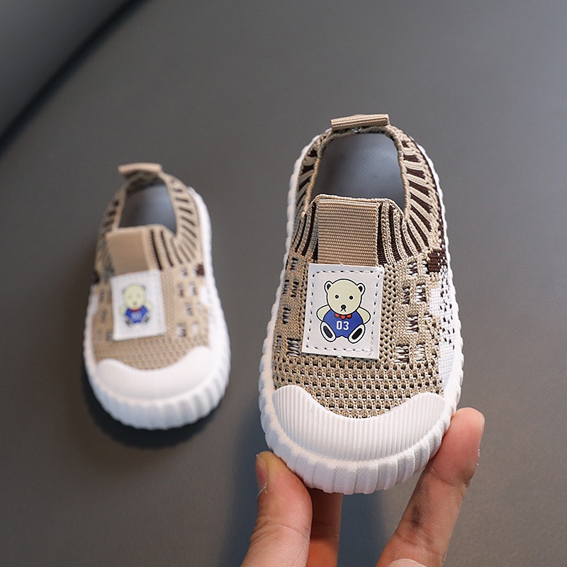 Giày Sneaker Phối Lưới Dệt Kim Hình Gấu Hoạt Hình Chống Trượt Thời Trang Mùa Hè Cho Bé Trai Và Gái 1-3 Tuổi