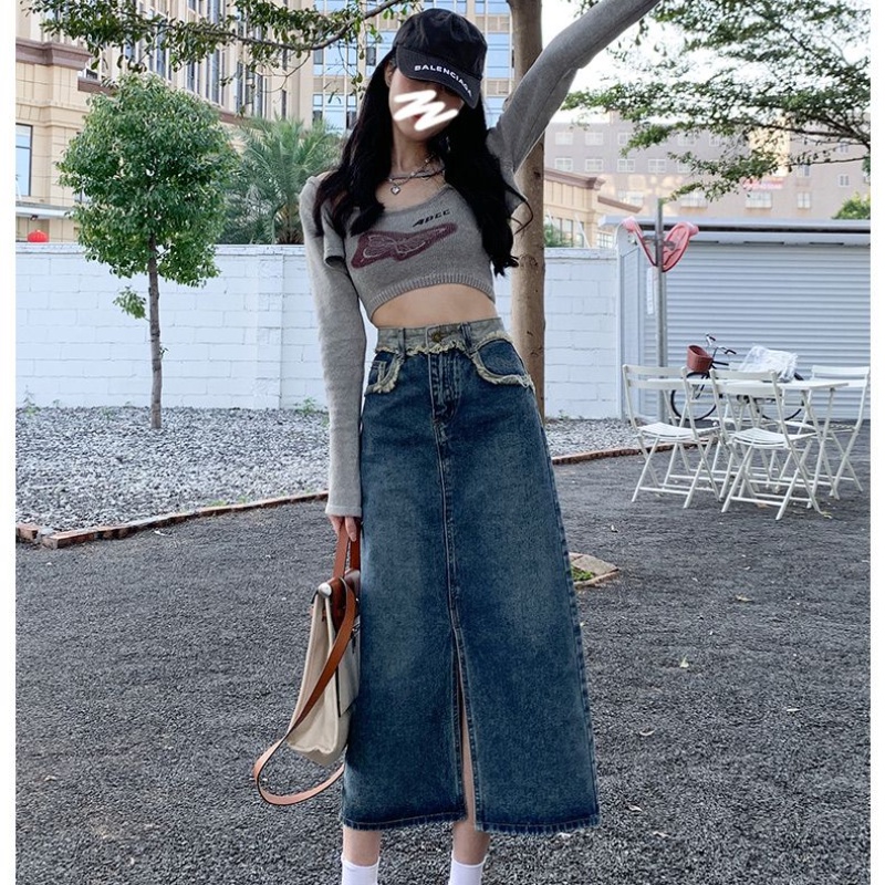 COZOK Chân váy jean Lưng Cao Xẻ Tà Thời Trang Retro
