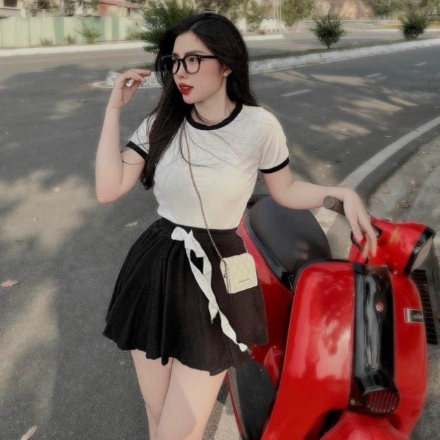 Set Bộ Áo Thun Viền Ôm Kèm Váy Quần Dây Thừng Xoè Rũa lohashop91