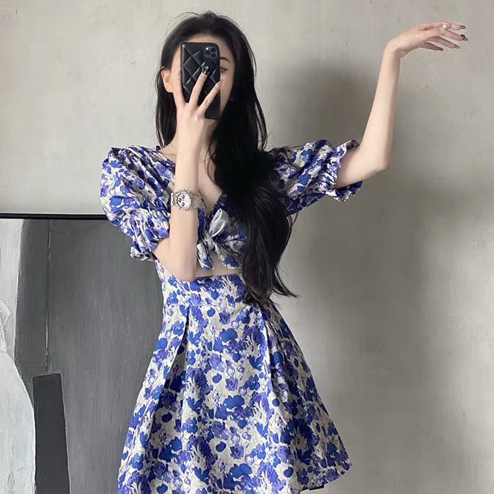 Đầm Ngắn Cổ Chữ v Họa Tiết Hoa Phong Cách Hàn Quốc Thời Trang Mùa Hè Mới Cho Nữ