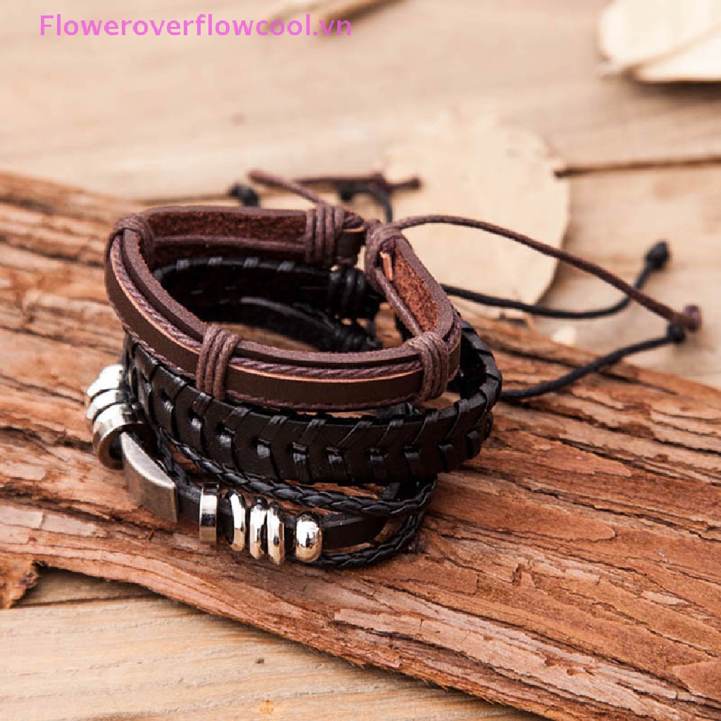 Set 6 Vòng Tay Bện Dây Da Vintage Cho Nam