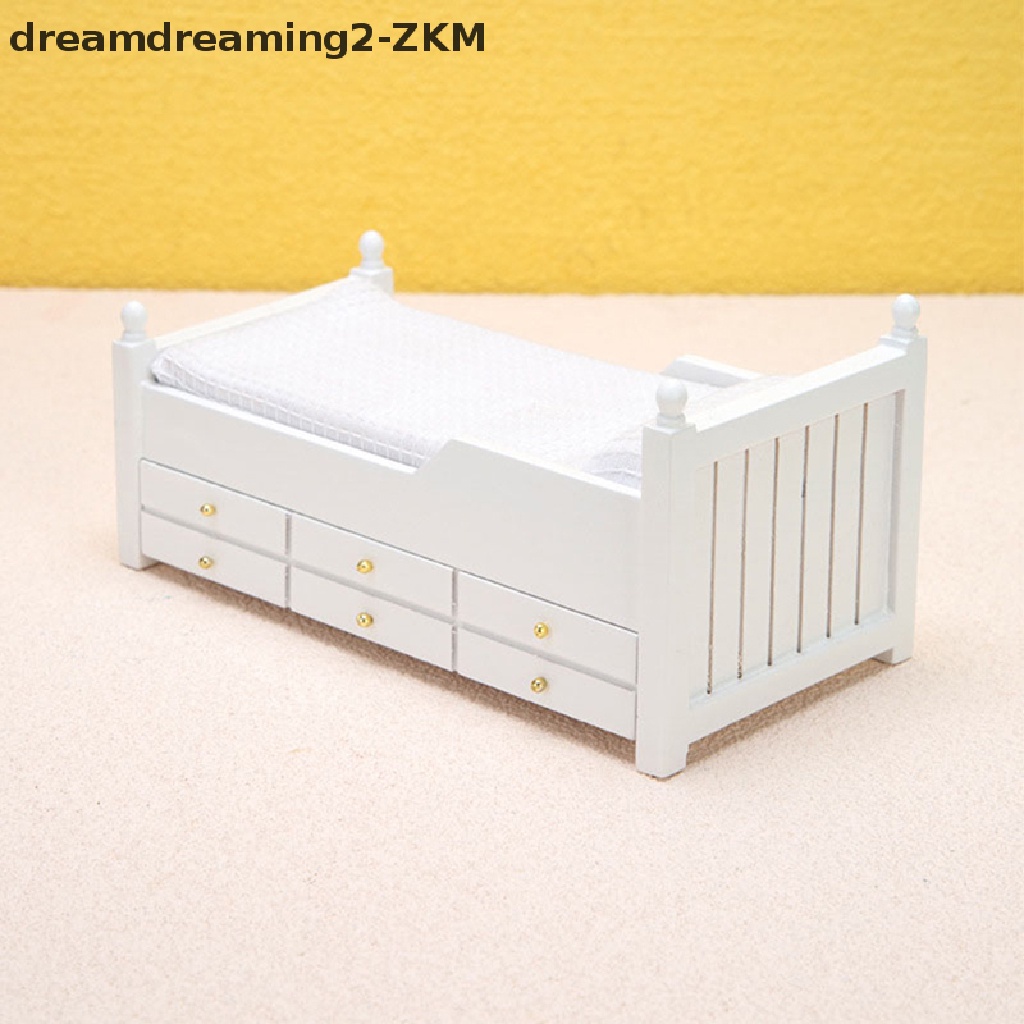 Giường Đơn Màu Trắng Có Ngăn Kéo Phong Cách Châu Âu Trang Trí Nhà Búp Bê 1: 12