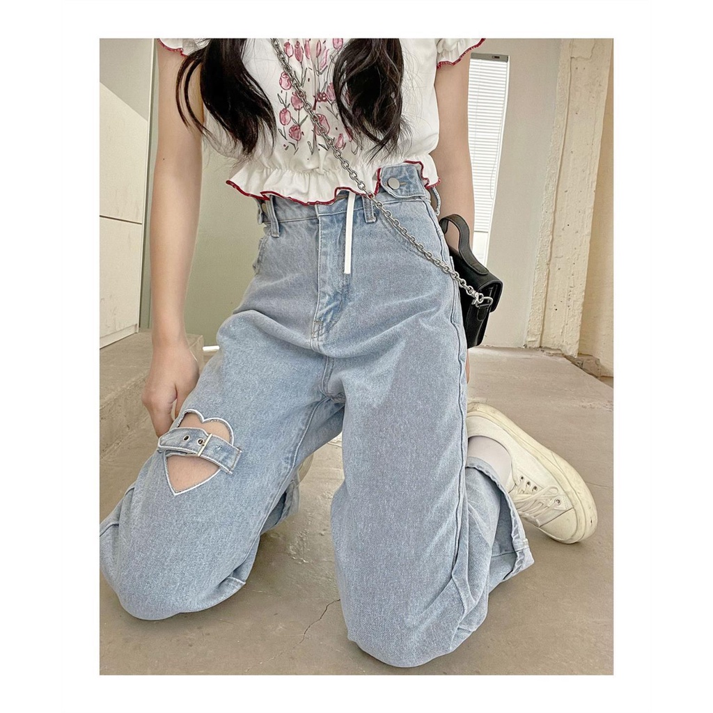 Quần Jean Nữ Ống Rộng Lưng Cao Phong Cách Hàn Quốc Mới