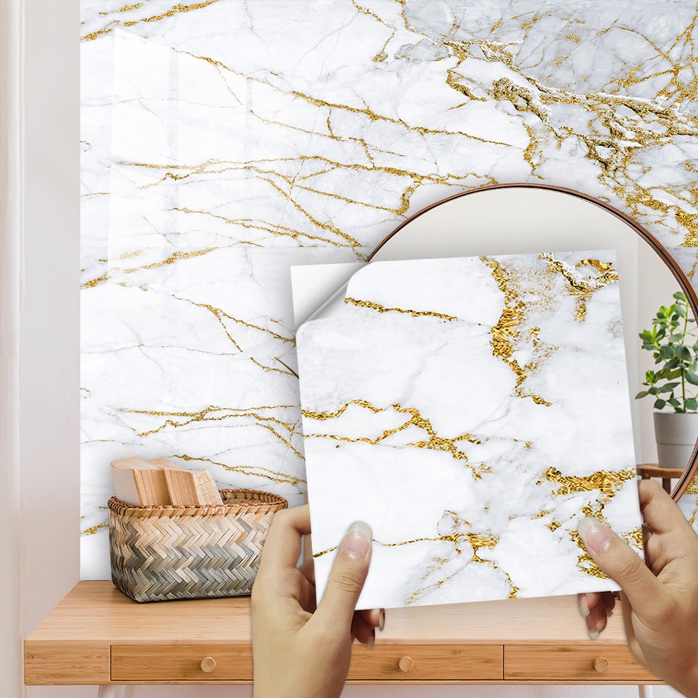 Bộ 10 Miếng Dán Tường Trang Trí Họa Tiết Gạch Lát Màu Trắng / Vàng Kim