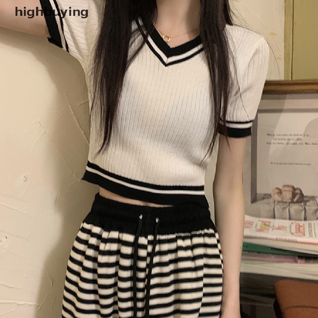 Áo Croptop Dệt Kim Tay Ngắn Cổ Chữ V Thời Trang Cho Nữ