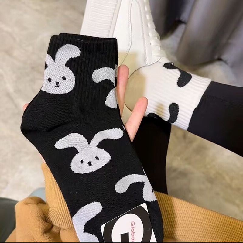 Vớ Cotton Cổ Vừa Màu Đen In Họa Tiết Thỏ Hoạt Hình Phong Cách Nhật Bản Thời Trang Mùa Hè Cho Nữ