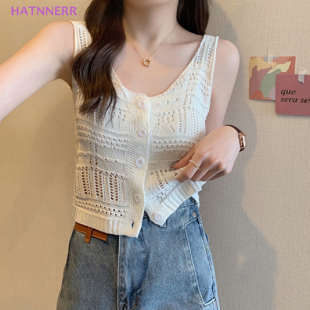 Áo Crop Top Dệt Kim Không Tay Màu Trơn Cài Nút Thời Trang Mùa Hè Cho Nữ FHS