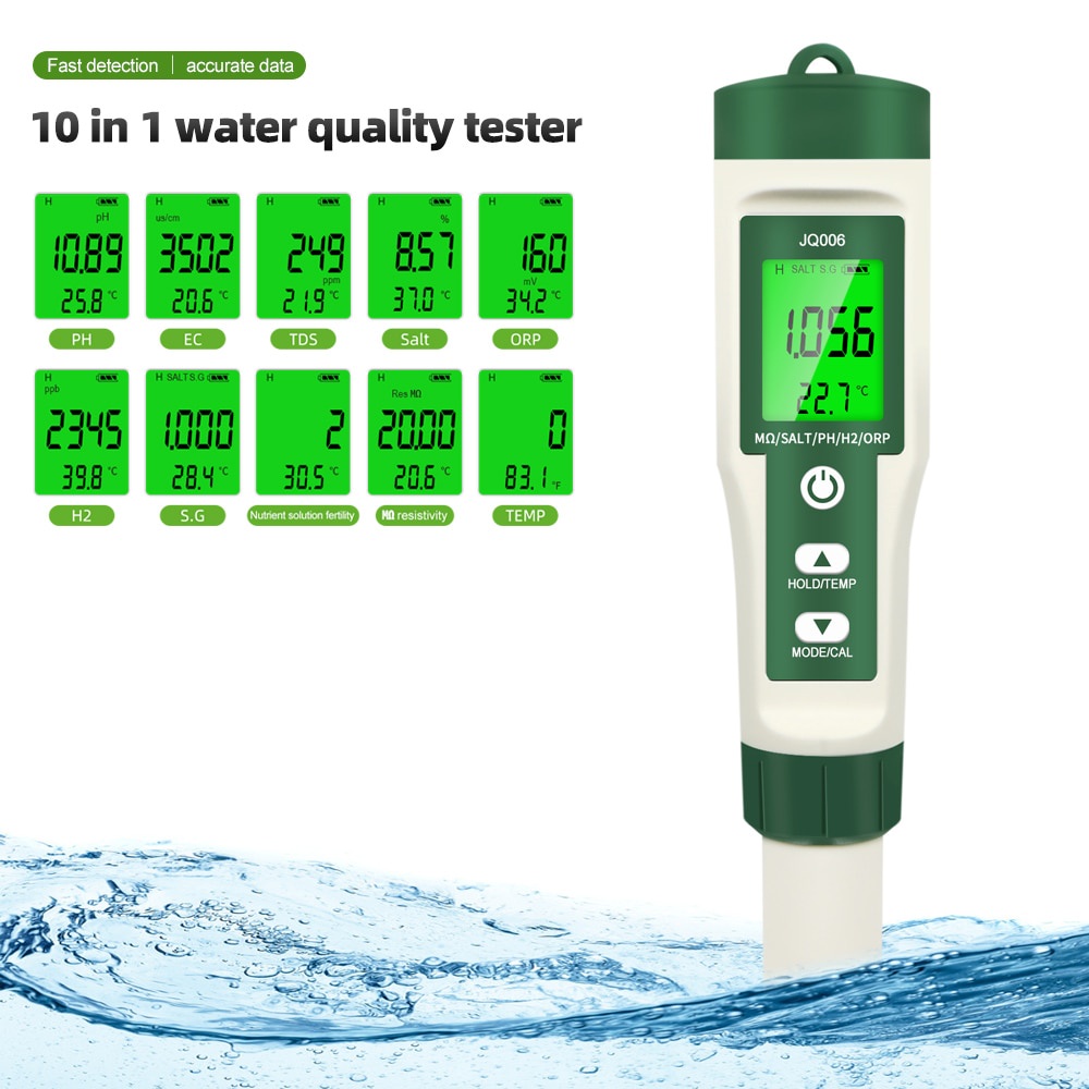 Bút kiểm tra máy đo chỉ tiêu chất lượng nước 10 in 1 PH/TDS/EC/SALT/TEMP/S.G/ORP/H2/Fertile/Resistivity