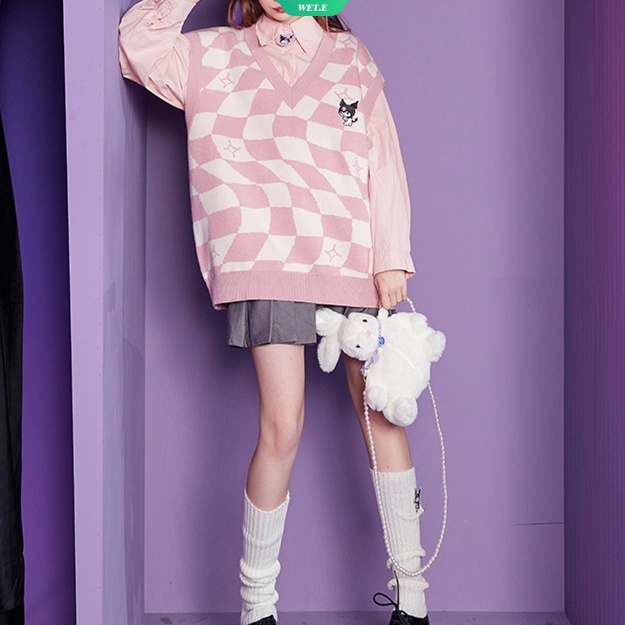 Áo Sweater Dệt Kim Cổ Chữ V Họa Tiết Kẻ Ô Lưới Kuromi Ngôi Sao Thời Trang Xuân Thu 2023 Mới