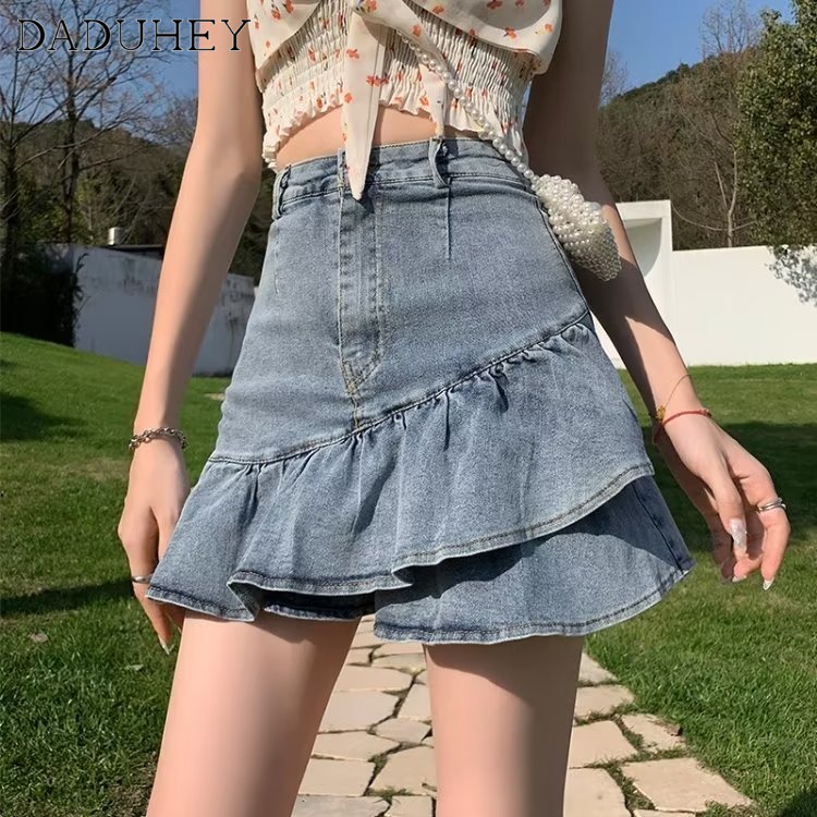 Chân váy denim DADUHEY viền bèo ôm hông lưng cao phong cách Hàn Quốc dành cho nữ cỡ lớn