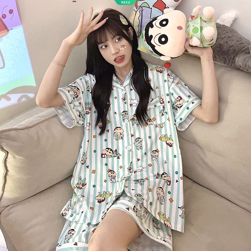 Bộ Đồ Ngủ Ngắn Tay Dáng Rộng In Hoạt Hình Cậu Bé Bút Chì Thời Trang Mùa Hè 2023