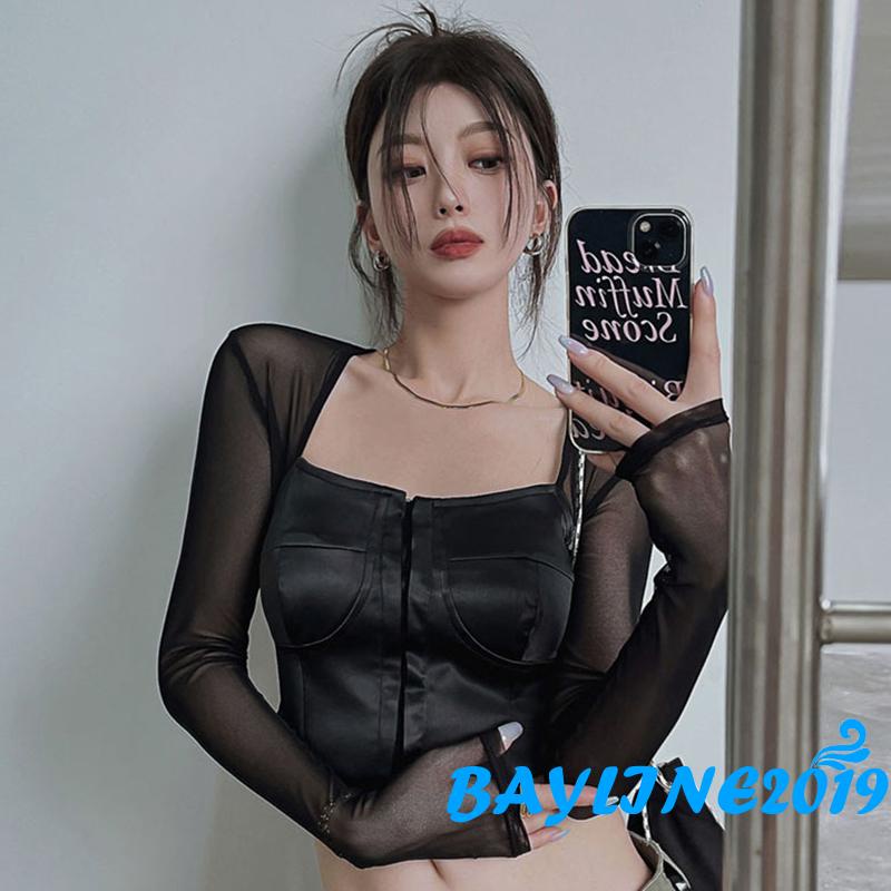 Áo Thun Tay Dài Vải Satin Mỏng Cổ Vuông Thời Trang Mùa Thu Cho Nữ