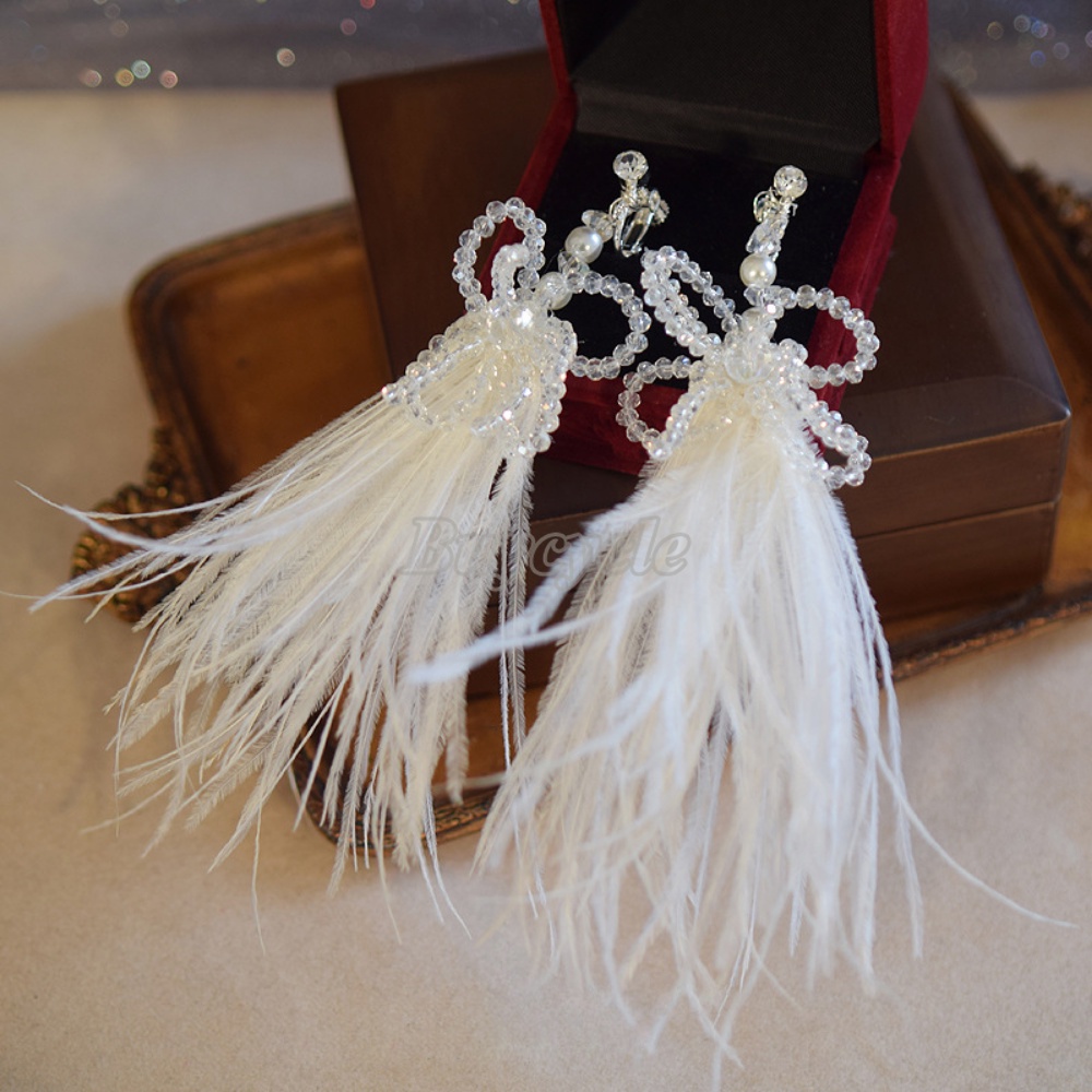 Bông Tai Lông Vũ Handmade Đính Hạt Thời Trang Cho Cô Dâu
