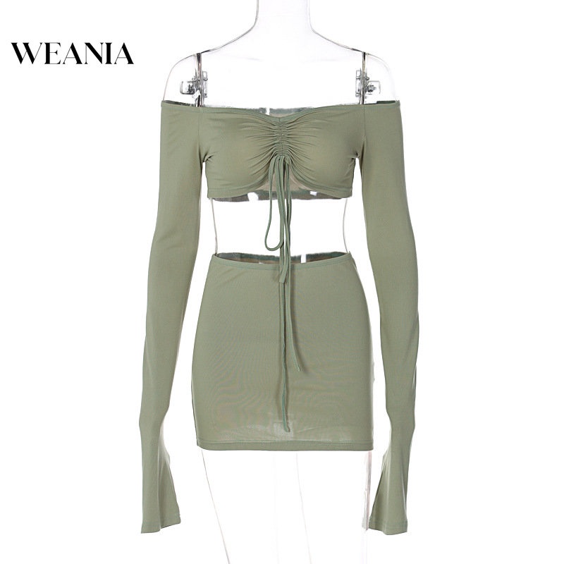 Bộ Áo Croptop Trễ Vai Dài Tay + Chân Váy Ôm Dáng Phối Dây Rút Gợi Cảm Cho Nữ