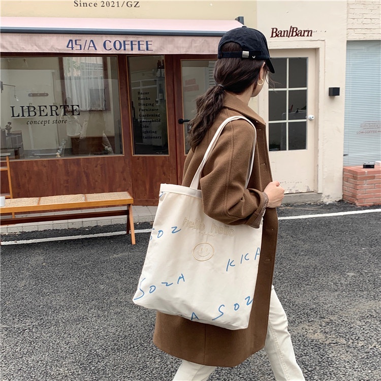 Túi Xách Canvas Cỡ Lớn Thêu Chữ hello Phong Cách Hàn Quốc Cho Nữ