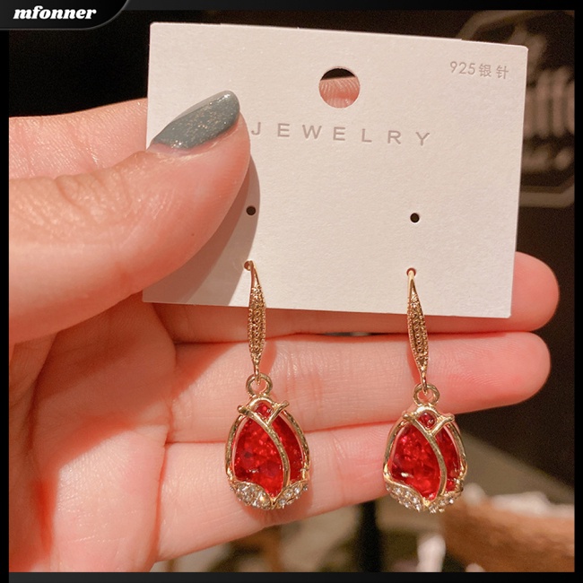 Hoa Tai Dáng Dài Hình Hoa Tulip Đính Đá Opal Sang Trọng Cho Nữ