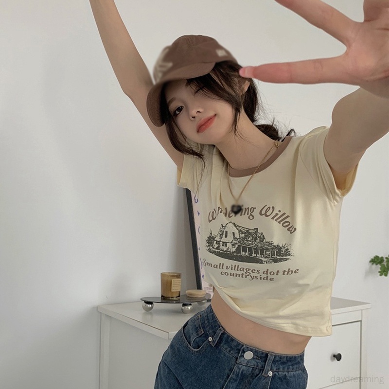 Áo Thun Croptop In Chữ Phối Màu Tương Phản Kiểu Retro Mỹ Xinh Xắn Cho Nữ