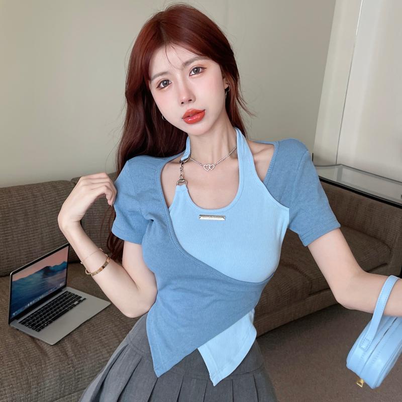 Áo Thun Ngắn Tay Cổ Treo Vạt Chéo Màu Sắc Tương Phản Phong Cách Hàn Quốc Thời Trang