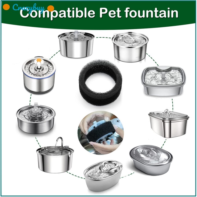 CR 8pcs Sponge Filters Replacement For 2.0l/64oz Round Stainless Steel Pet Water Dispenser Water Fountain