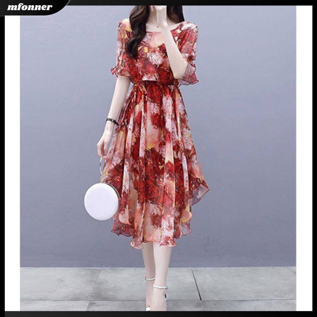 Đầm Dáng Chữ A Cổ Tròn Tay Chuông In Hoa Plus Size Cho Nữ