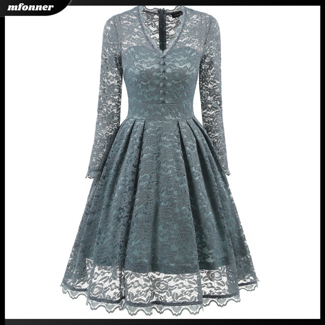 Đầm Tay Dài Cổ Chữ V Phối Ren Hoa Phong Cách Vintage