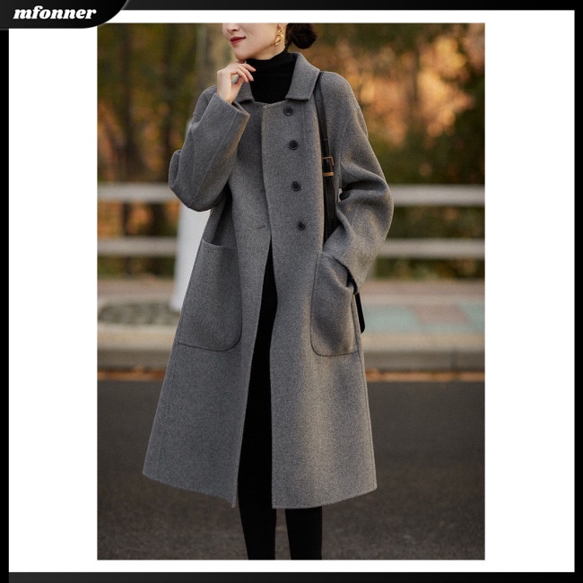 Áo Khoác Len Dài Tay Màu Trơn Có Túi Thời Trang Mùa Đông Cho Nữ