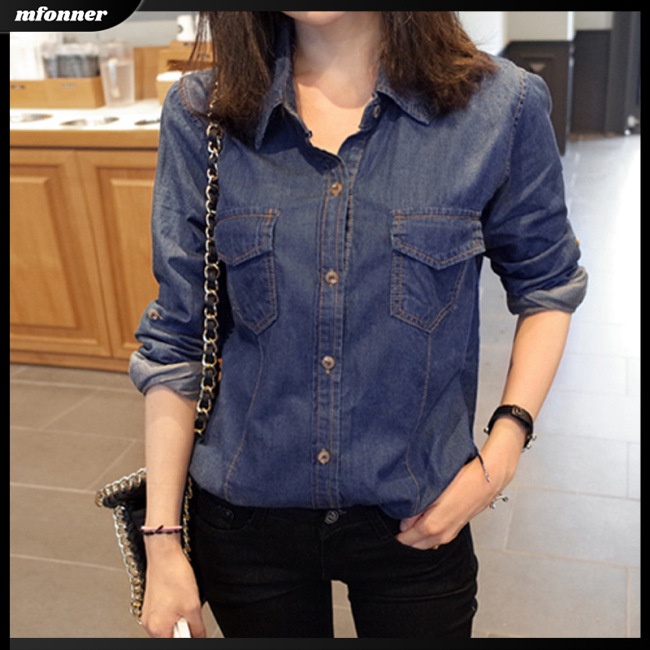 Áo Sơ Mi Denim Tay Dài Màu Sắc Thời Trang Cho Nữ
