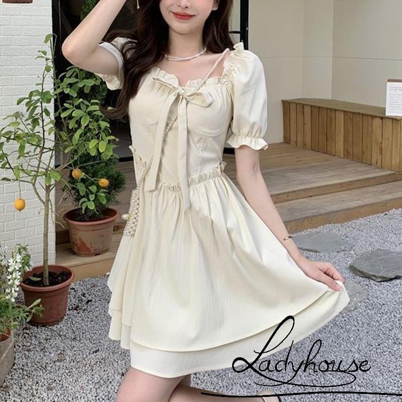 Đầm Ngắn Tay Lưng Cao Hai Lớp Màu Sắc Trơn Thời Trang Dành Cho Nữ