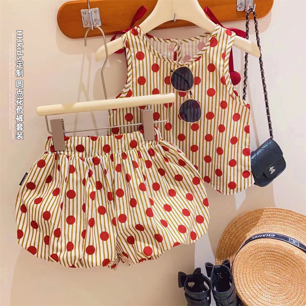 Set Áo Thun + Quần Short Chấm Bi Phong Cách Hàn Quốc Thời Trang Mùa Hè 2023 Cho Bé Gái
