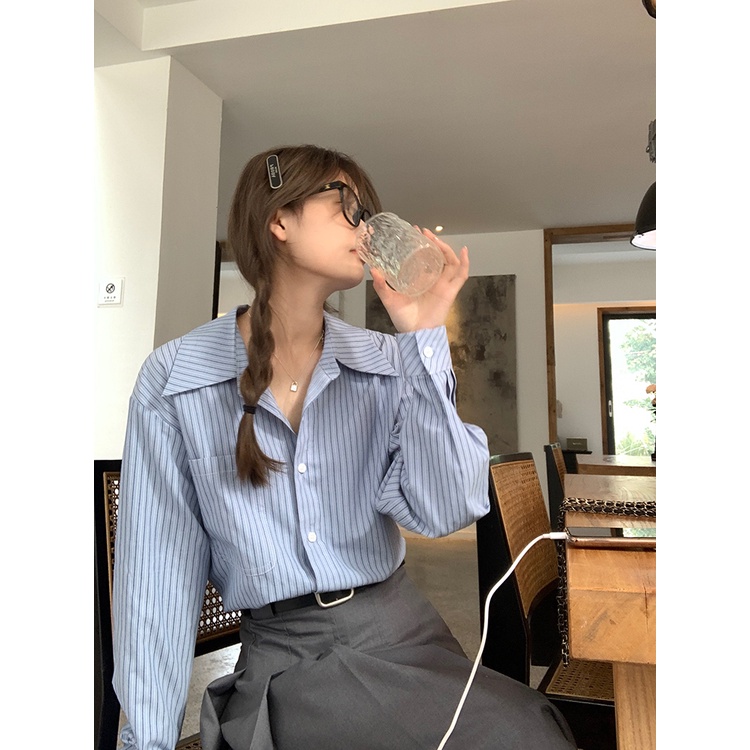 Áo Sơ Mi Tay Dài Dáng Rộng Họa Tiết Kẻ Sọc Phong Cách Hàn Quốc Thời Trang Mùa Xuân