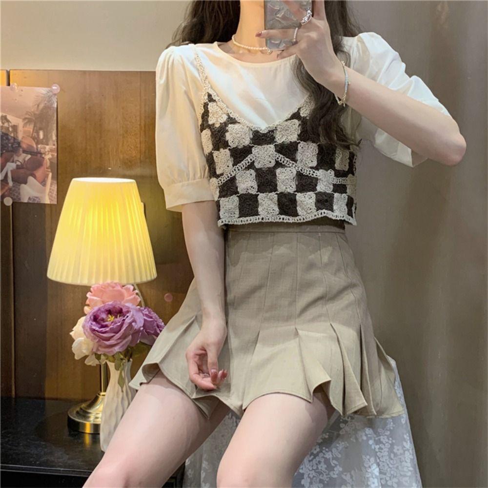 LILYES Áo Croptop Dệt Kim Không Tay Họa Tiết Sọc Caro Phong Cách Retro Hàn Quốc Dễ Thương