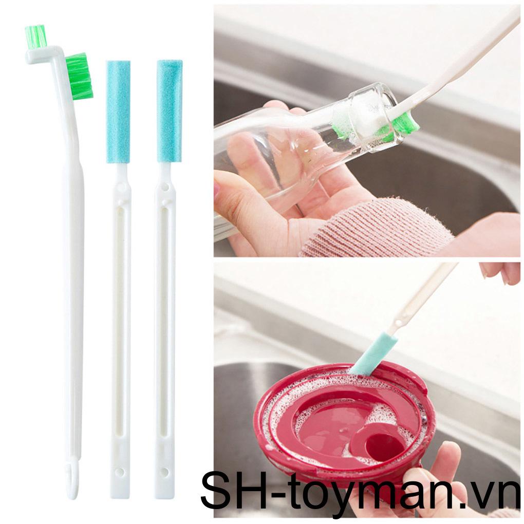 Bộ 3 Bàn Chải Vệ Sinh Chai Lọ / Ly Tách Cán Dài Tiện Dụng