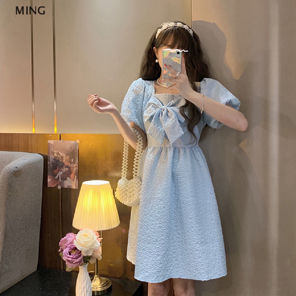 Đầm Chữ A Cổ Vuông Tay Phồng Đính Nơ Eo Cao Thời Trang Thường Ngày Cho Bạn Gái