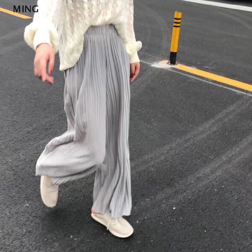 Quần Dài Ống Rộng Lưng Cao Co Giãn Màu Trơn Thời Trang