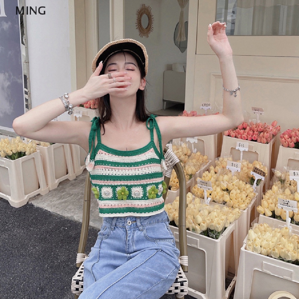 Áo Croptop Dệt Kim Hai Dây Thắt Nơ Họa Tiết Hoa Xinh Xắn Cho Nữ