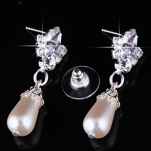 Bộ Vòng cổ + Bông Tai Đính Kim Cương Giả &amp; Ngọc Trai Hình Giọt Nước