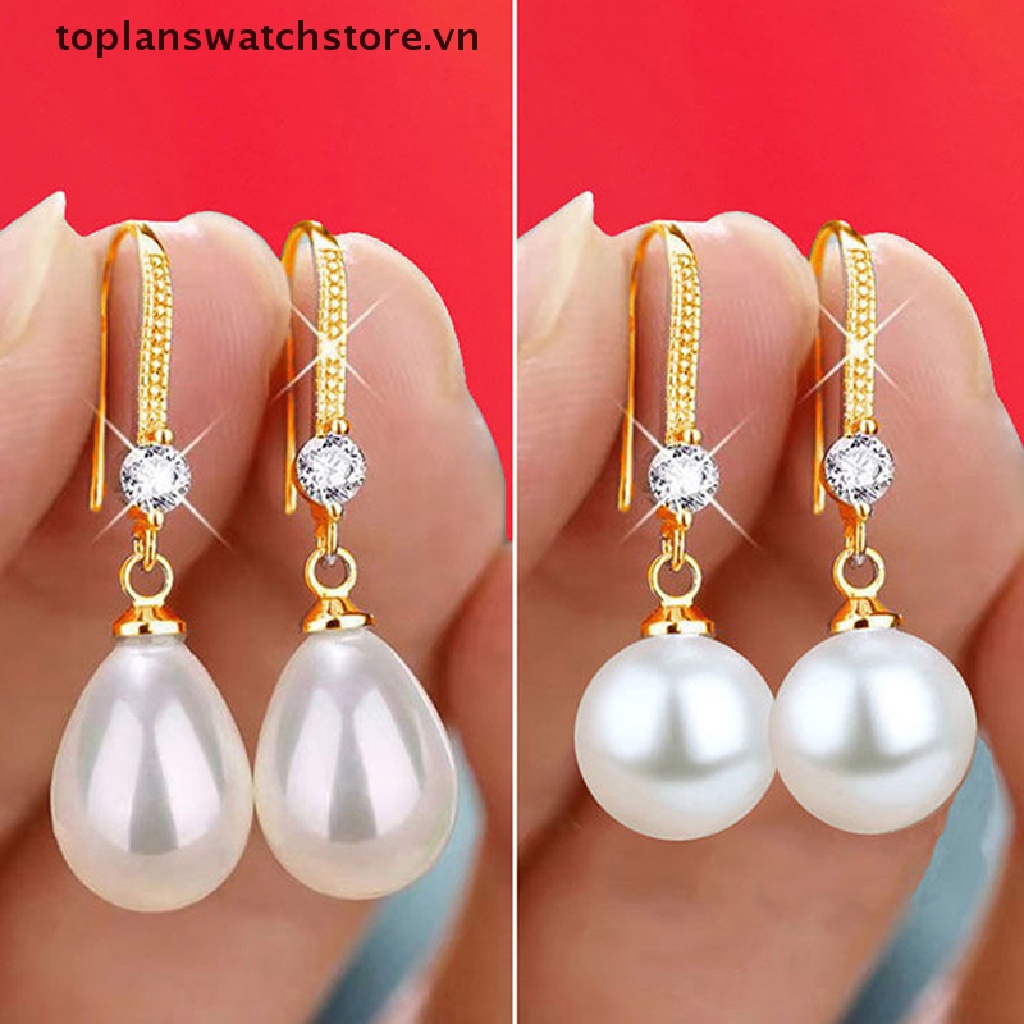 Bông Tai Đính Ngọc Trai Hình Giọt Nước / Hình Oval Màu Đỏ / Trắng Thời Trang Sang Trọng Cho Nữ