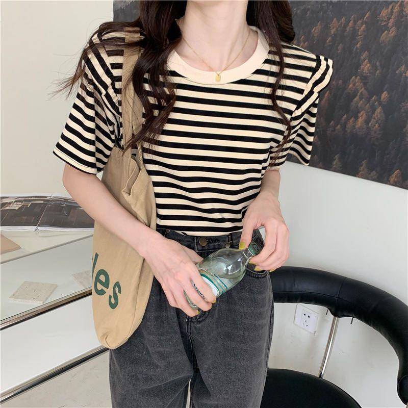 Áo Thun Cotton Ngắn Tay Họa Tiết Kẻ Sọc Thời Trang Xuân Hè 2023 Mới Cho Nữ